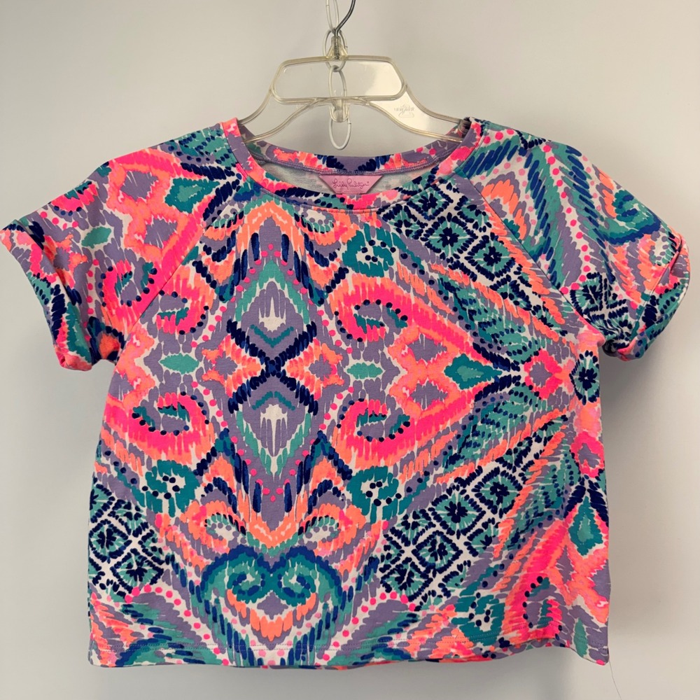 Lilly Pulitzer Women XL Pink Purple Teal Ikat Geometric Print French Terry Top